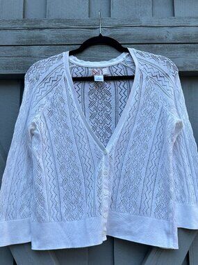 SO Womens Cardigan Size L White Open Knit Lace Button Front 3/4 Sleeve Cotton